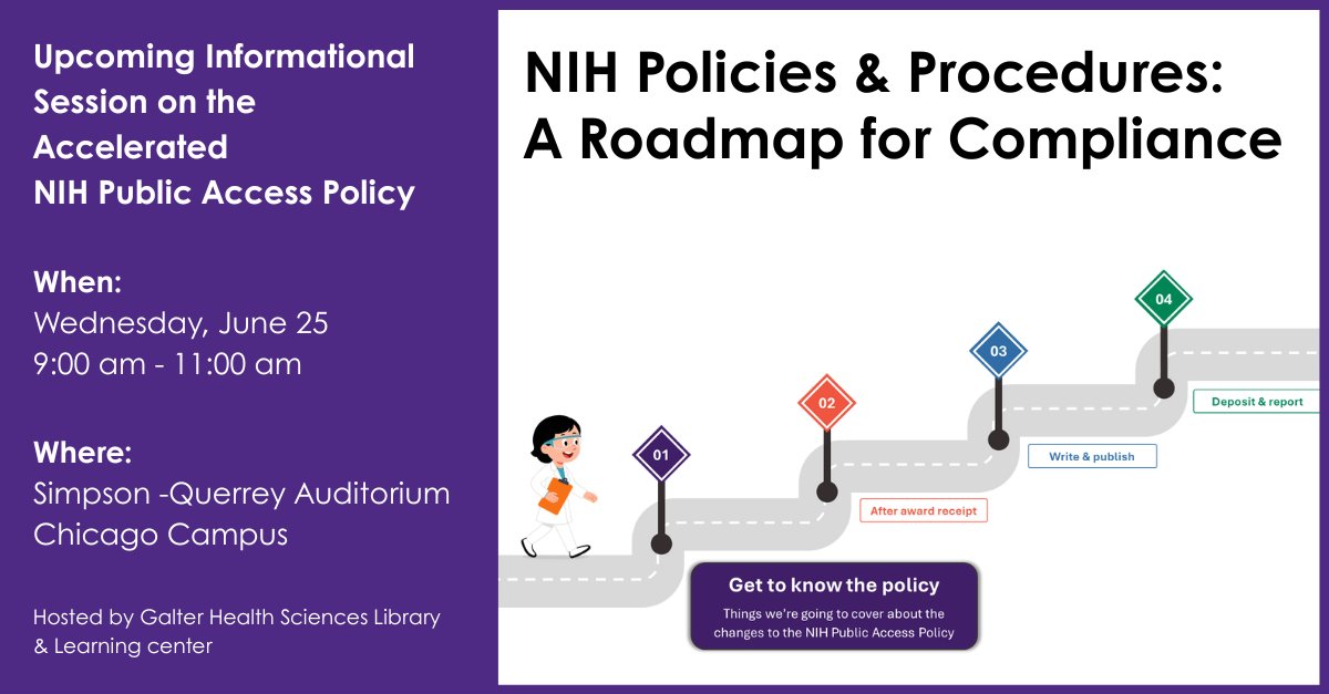 galterlibrary's tweet image. 🚨The new NIH Public Access Policy takes effect on July 1, 2025.🚨
Need help navigating the upcoming changes? Join us for one of our summer sessions to learn how you can stay compliant!
🗓️June 25 or July 8
🔗Register here: bit.ly/4ncBt9W
