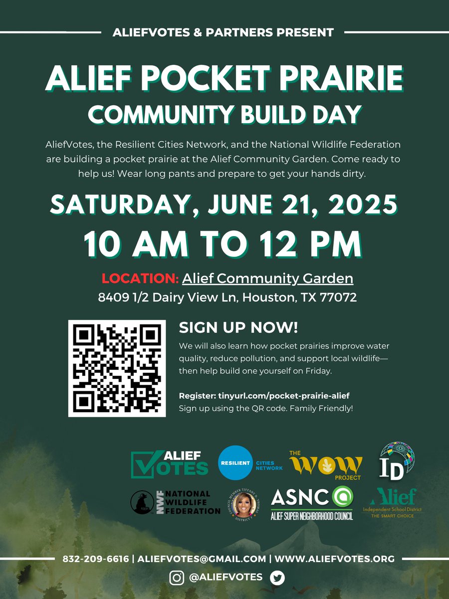 Rescheduled! 

Join AliefVotes, the Resilient Cities Network, and the National Wildlife Federation for a community build-day at the Alief Community Garden on Saturday, June 21st, 2025, from 10 AM to 12 PM.  

Register at tinyurl.com/pocket-prairie…
