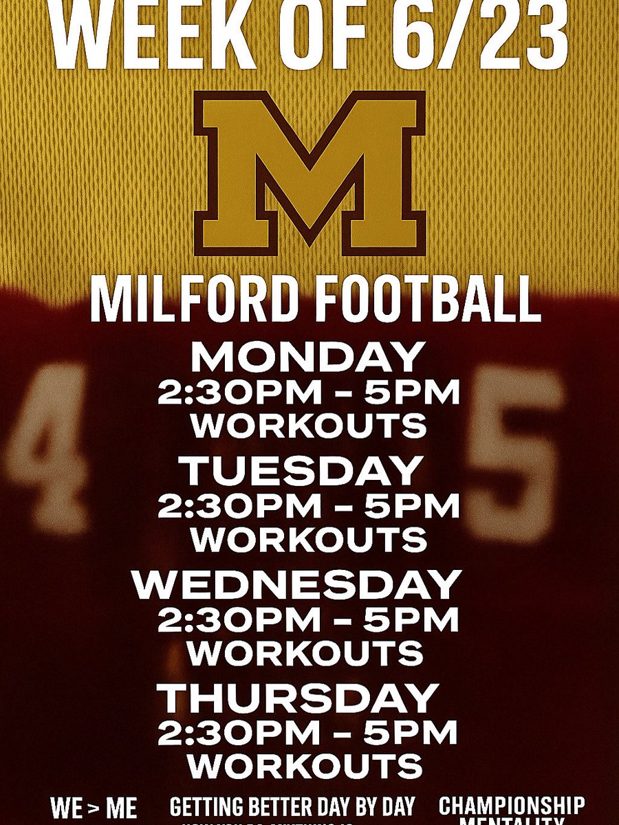 WE &gt; me. If you’re serious, show up and put that work in! 💯 Every rep, every drill , getting better day by day. How you do ANYTHING is how you’ll do EVERYTHING . Championship mentality ONLY . Let’s eat! 🏆🔥 #MilfordFootball #Trainisrolling
