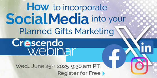 How to Incorporate Social Media into your Planned Gifts Marketing! Join us on June 25th, 2025 at 9:30 a.m. PT to learn how to use social media to effectively market planned gifts.  #creativegifts #plannedgiving #crescendointeractive
Register Today: events.zoom.us/ev/AgvKlK1Fids…