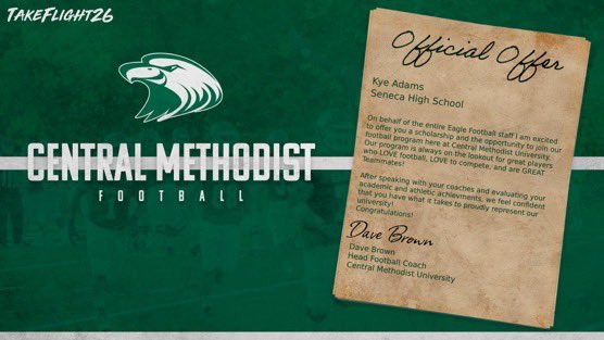 Kye Adams (@kyeadams26) on Twitter photo #AGTG I am extremely blessed to recieve my third offer from <a href="/cmueaglesFB/">Central Methodist Football</a>. Thank you @CoJGarc1a for the opportunity! <a href="/HILBURNS/">Cody Hilburn</a> <a href="/FootballSeneca/">Seneca Football</a> #AGTG I am extremely blessed to recieve my third offer from <a href="/cmueaglesFB/">Central Methodist Football</a>. Thank you @CoJGarc1a for the opportunity! <a href="/HILBURNS/">Cody Hilburn</a> <a href="/FootballSeneca/">Seneca Football</a>