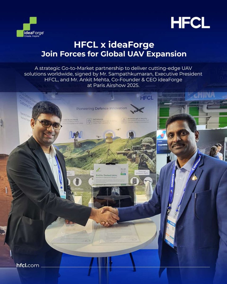 AjayshreeSamby3's tweet image. #HFCL and #IdeaForge enters into a Go-to-Market partnership to take advanced UAV solutions to the global stage. This collaboration combines HFCL’s global technology footprint with IdeaForge UAV leadership to unlock new possibilities in defence, security, enterprise applications.