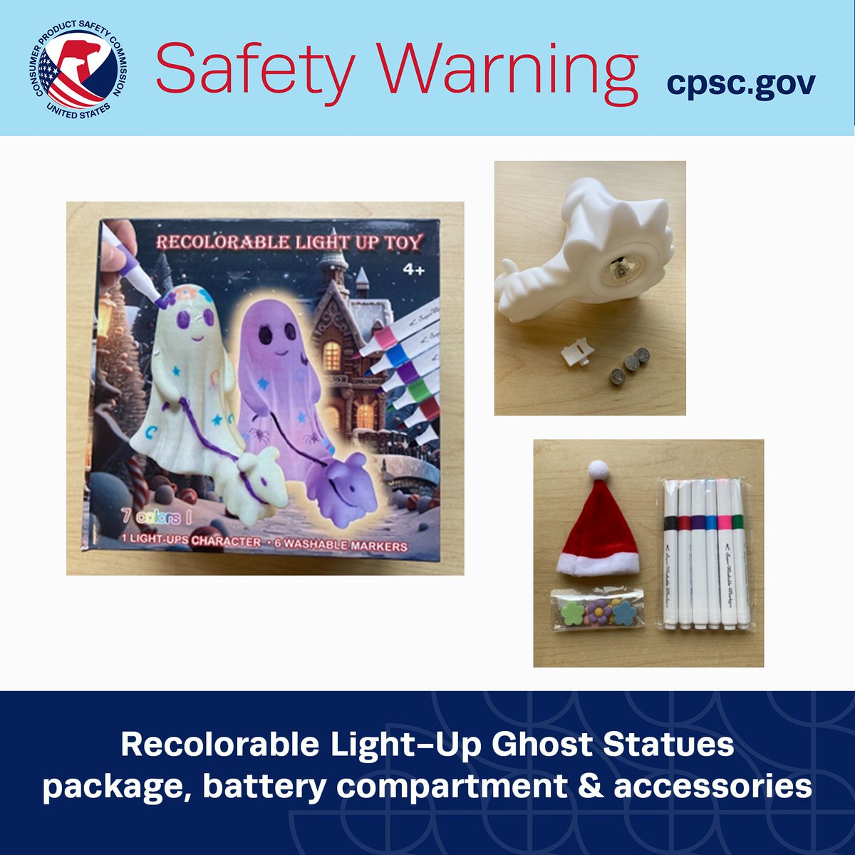 #WARNING: CPSC is warning consumers to immediately stop using Recolorable Light-Up Ghost Statues. The ghost statues violate the mandatory federal standard for consumer products containing button cell or coin batteries.   

More: cpsc.gov/Warnings/2025/…