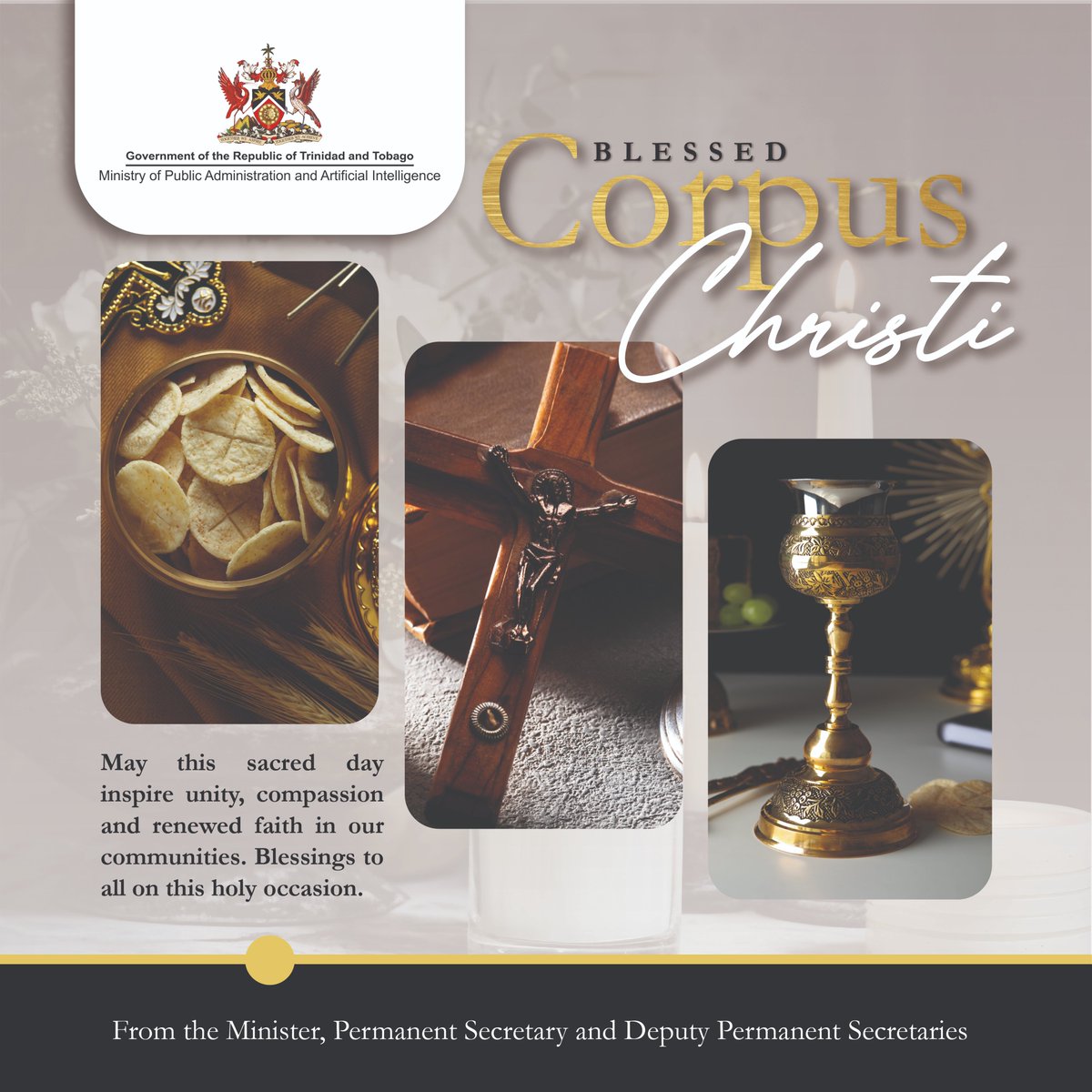On this sacred day, we reflect on the enduring values of unity, peace, and selfless service. The Ministry of Public Administration and Artificial Intelligence extends warm wishes to all observing the Feast of Corpus Christi. 

#CorpusChristi #MPAAI