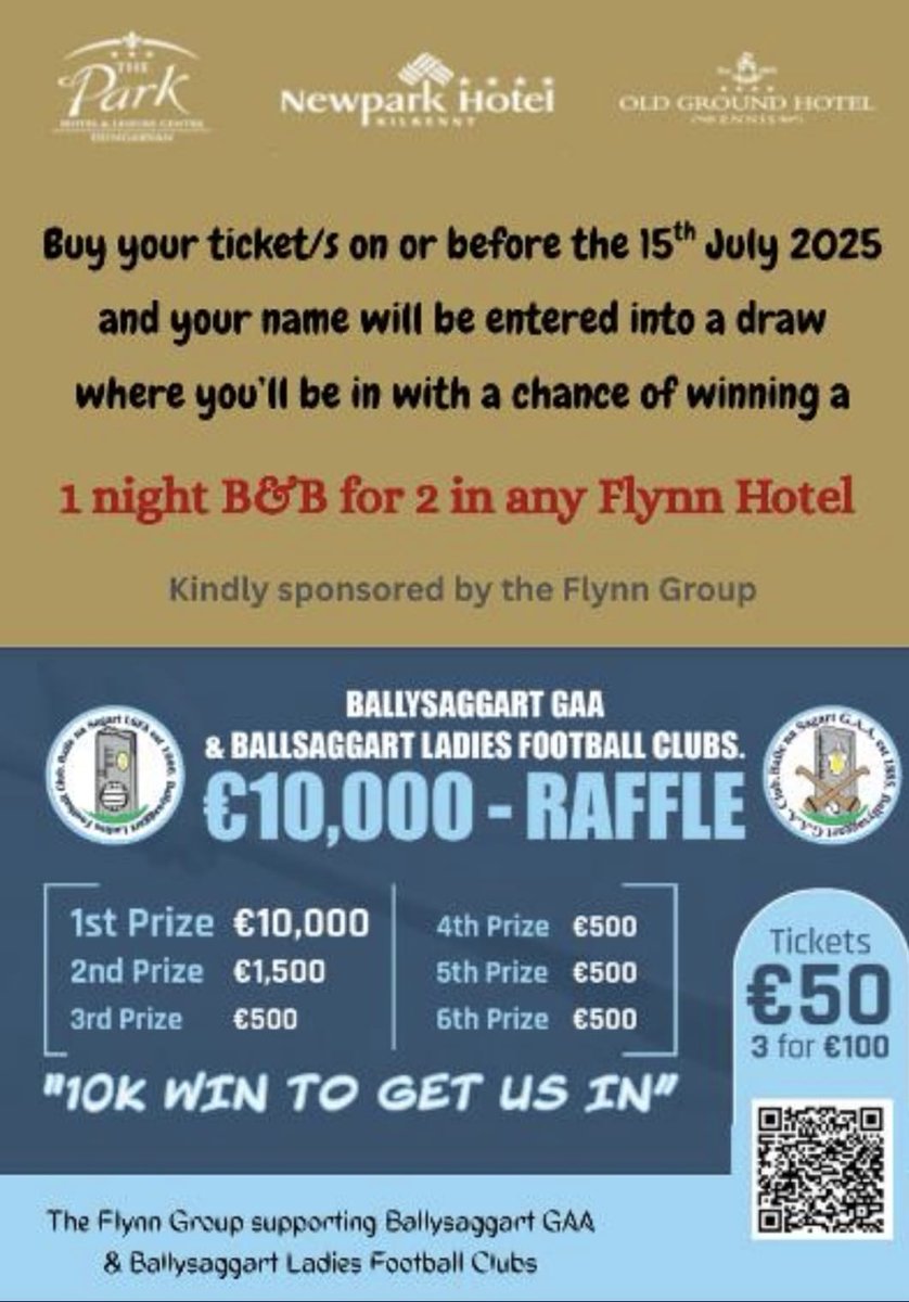 "10K WIN TO GET US IN"
 Get your tickets by July 15th  for the €10,000 Raffle and be in with a chance of winning  a 1 night B&amp;B in any Flynn Hotel.