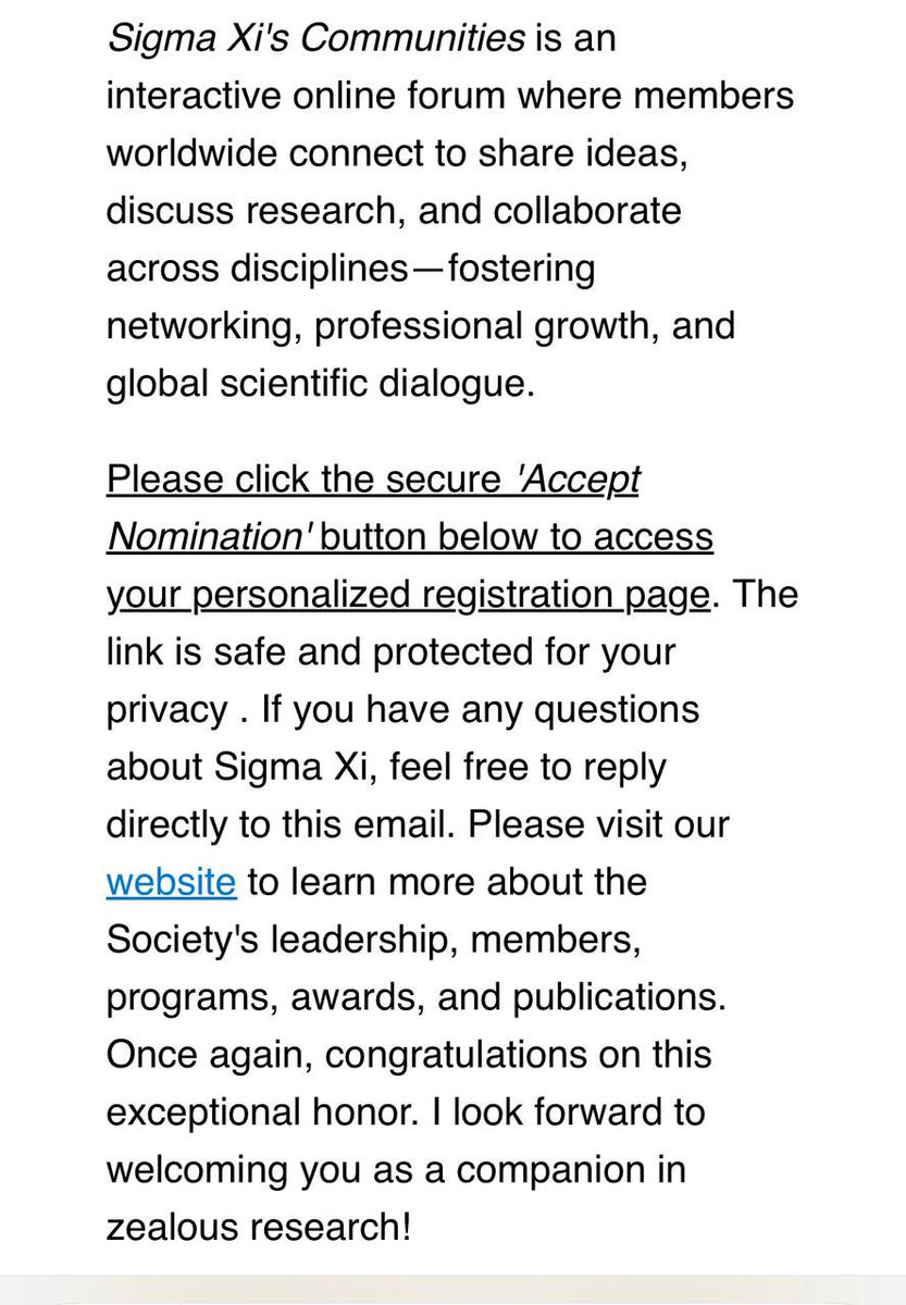 سعدت جداً و تشرفت بترشيحي لعضوية منظمة Sigma XI الكاملة. 
أُنشئت هذه المنظمة عام ١٨٨٦ ميلادي وتعتبر من أكبر المنظمات العالمية المختصة بالباحثين والتي تضم ٢٠٠ عالم حصلو على جائزة نوبل. 
🇸🇦 

<a href="/SigmaXiSociety/">SigmaXi</a> 
<a href="/SaudiVision2030/">رؤية السعودية 2030</a> 
#Research #Science