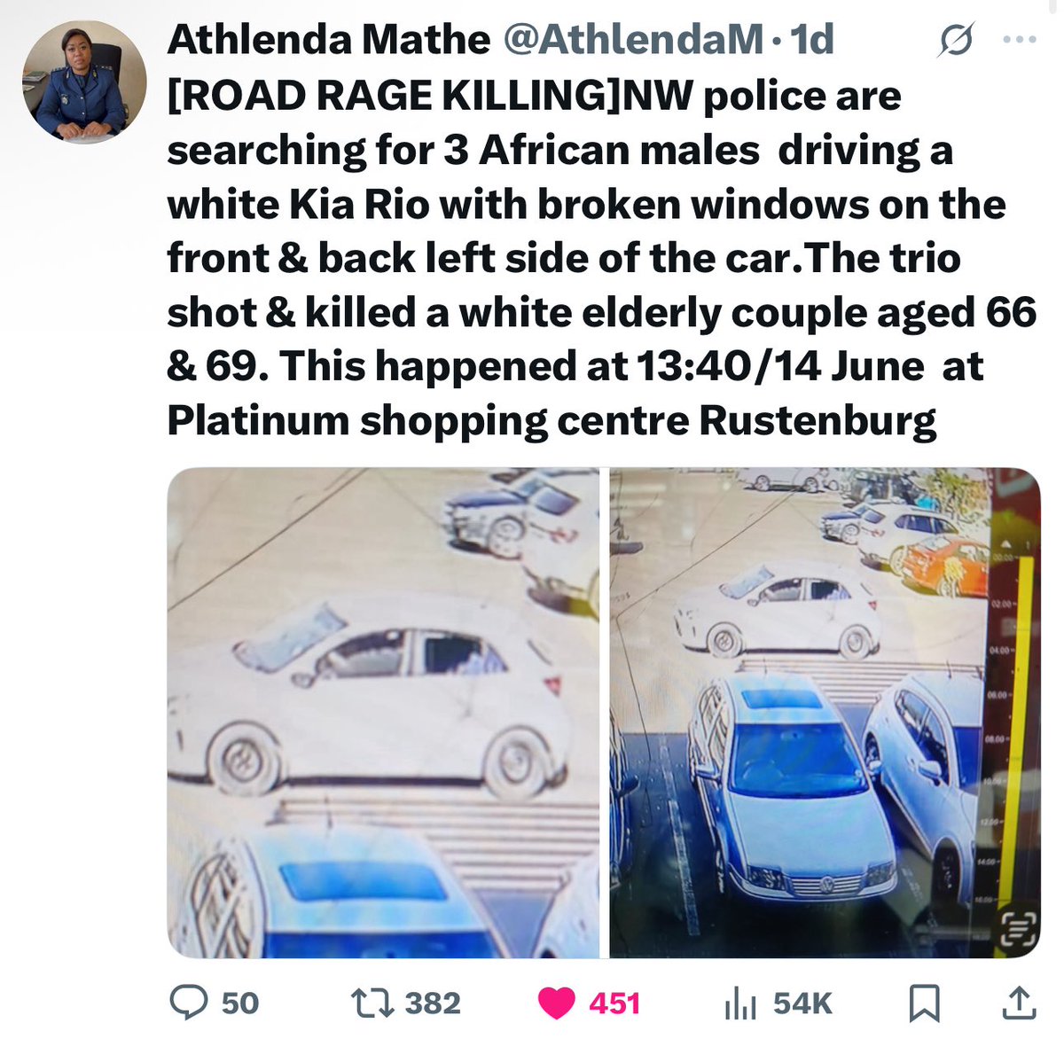 [ROAD RAGE KILLERS ARRESTED]Thank you to the social media community for assisting police investigations by sharing the picture of this white Kia Rio/Picanto.NW police have arrested 2 suspects aged 29 &amp; 41.Firearm used to kill the elderly couple at a mall in Rustenburg also seized