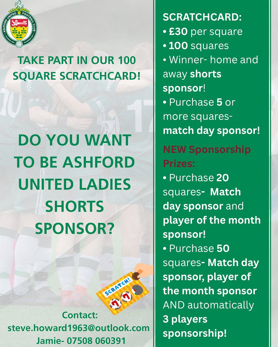 Ashford United Ladies FC (@ashfordladiesfc) on Twitter photo Do you want the chance of being Ashford United Ladies shorts sponsor?๐
Choose your own square out of 100 Football teams and hope yours is the lucky one!๐
Message us for more info!
We look forward to hearing from you๐
Steve- Steve.howard1963@outlook.com
Jamie- 07508 060391 Do you want the chance of being Ashford United Ladies shorts sponsor?๐
Choose your own square out of 100 Football teams and hope yours is the lucky one!๐
Message us for more info!
We look forward to hearing from you๐
Steve- Steve.howard1963@outlook.com
Jamie- 07508 060391