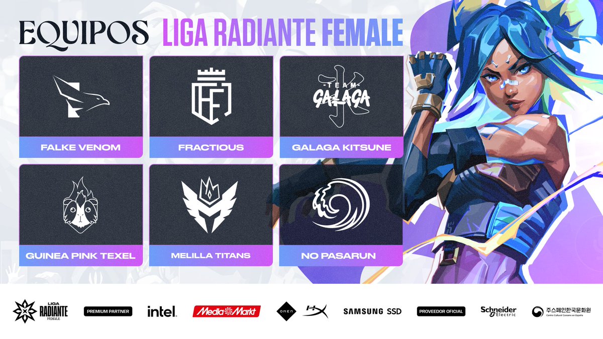Circuito Tormenta | VALORANT (@tormentavales) on Twitter photo ¡Estos son los equipos que participarán en la Liga Radiante Female!
💥<a href="/FALKE_EC/">Falke Esports</a> Venom
💥<a href="/FractiousES/">Fractious Esports</a>
💥<a href="/TeamGalaga/">Team Galaga</a> Kitsune
💥<a href="/GuineaPinkClub/">Guinea Pink 🏳️🌈</a> Texel
💥<a href="/MelillaTitans/">Melilla Titans</a>
💥<a href="/NPasarun/">No Pasarun 🌊</a>
Todos los detalles en:
🖥️circuitotormenta.riotgames.com/news/el-split-… ¡Estos son los equipos que participarán en la Liga Radiante Female!
💥<a href="/FALKE_EC/">Falke Esports</a> Venom
💥<a href="/FractiousES/">Fractious Esports</a>
💥<a href="/TeamGalaga/">Team Galaga</a> Kitsune
💥<a href="/GuineaPinkClub/">Guinea Pink 🏳️🌈</a> Texel
💥<a href="/MelillaTitans/">Melilla Titans</a>
💥<a href="/NPasarun/">No Pasarun 🌊</a>
Todos los detalles en:
🖥️circuitotormenta.riotgames.com/news/el-split-…