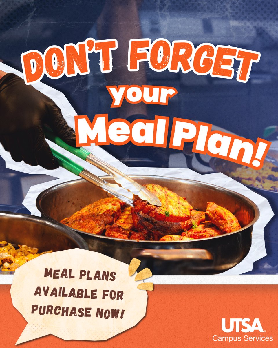 UTSACampusSrvcs's tweet image. 🍽️ Don’t forget - Meal Plans are available now! Purchase your plan and get ready for the new semester today.🍴⭐️
For more information on which meal plan is best for you, visit utsa.edu/campusservices…
#UTSA #UTSACampusServices #MealPlans