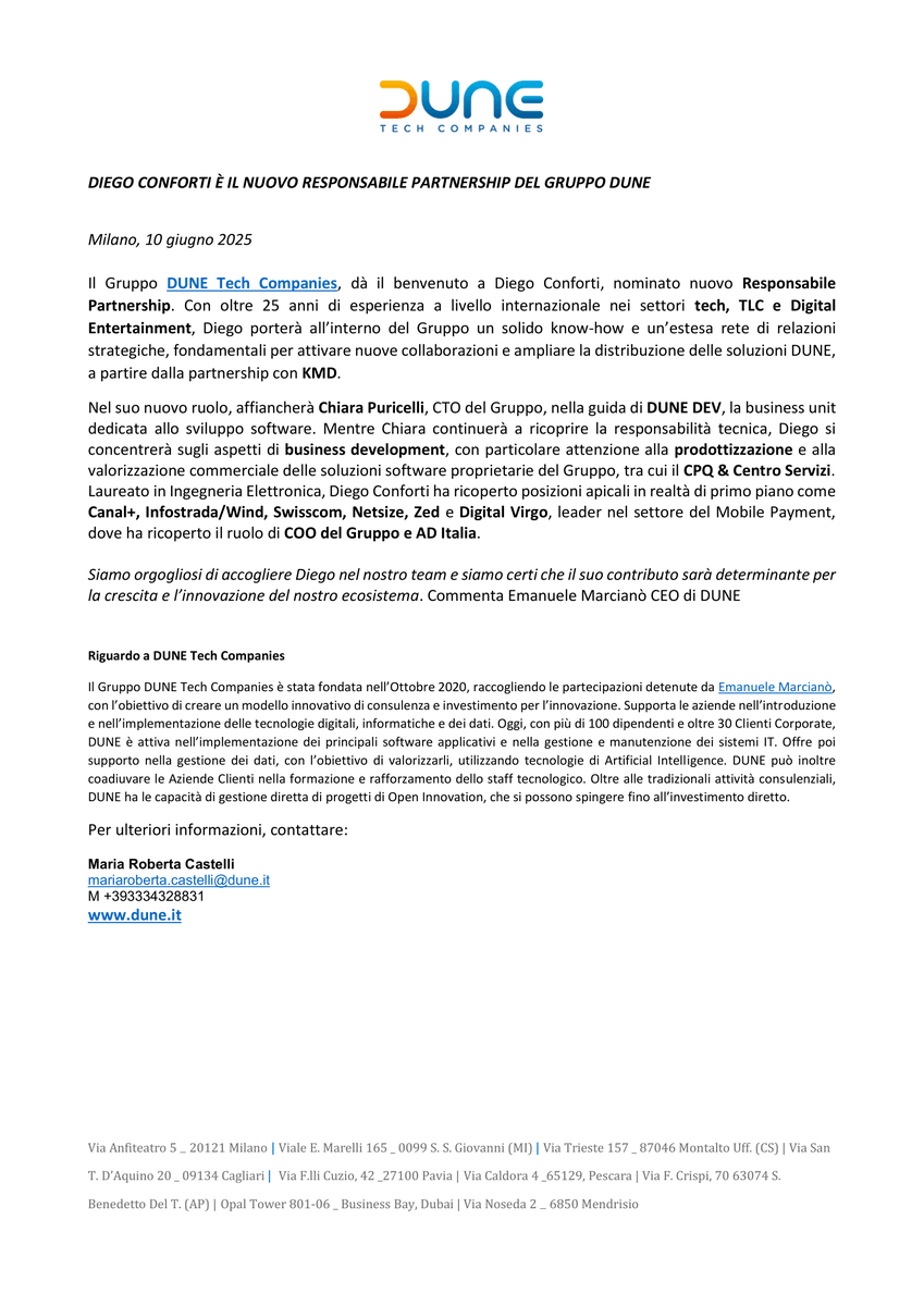 Diego Conforti è il nuovo Responsabile Partnership del Gruppo Dune