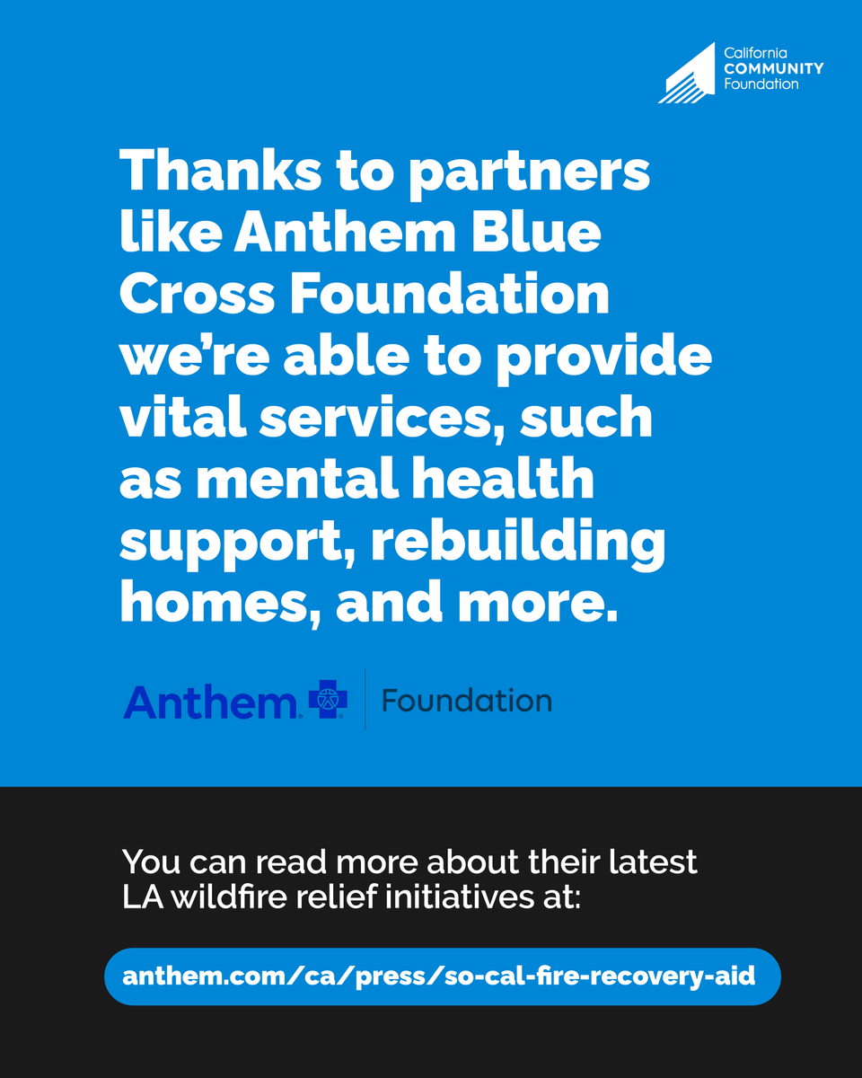 CCF (@calfund) on Twitter photo Thanks to partners like <a href="/AnthemBlueCross/">Anthem Blue Cross</a>, we’re able to provide vital services, such as mental health support, rebuilding homes, and more. You can read more about their latest LA wildfire relief initiatives at: bit.ly/3ZEOoY1 Thanks to partners like <a href="/AnthemBlueCross/">Anthem Blue Cross</a>, we’re able to provide vital services, such as mental health support, rebuilding homes, and more. You can read more about their latest LA wildfire relief initiatives at: bit.ly/3ZEOoY1