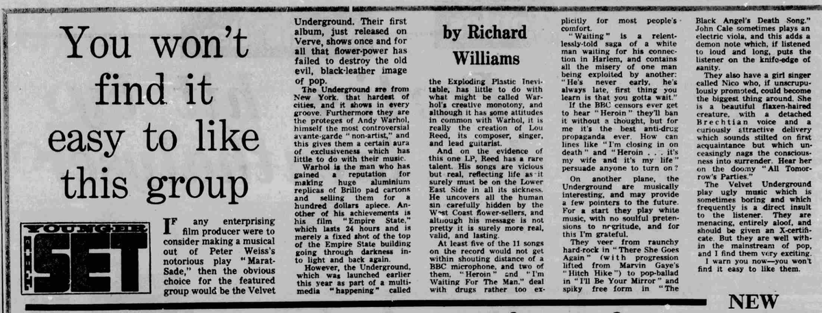 Velvet Underground and Nico in local UK newspapers #23. The Nottingham Guardian, a day after its UK release date, 25th Nov 1967.
#velvetunderground