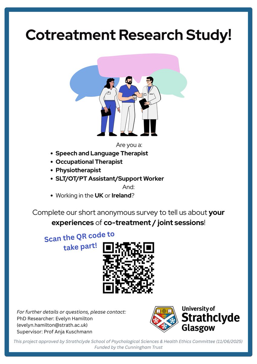 PhD Research! If you’re an SLT, OT, or PT working in the UK or Ireland, we want to hear your opinions of cotreatment! Complete this short online survey (just 10 minutes) 
hass.eu.qualtrics.com/jfe/form/SV_ag…
<a href="/RCSLT/">RCSLT 💙</a> <a href="/theRCOT/">Royal College of Occupational Therapists</a> <a href="/thecsp/">Chartered Society of Physiotherapy (CSP)</a> <a href="/iaslt/">IASLT</a> <a href="/_ISCP_/">ISCP</a> <a href="/AOTInews/">Association of Occupational Therapists of Ireland</a>