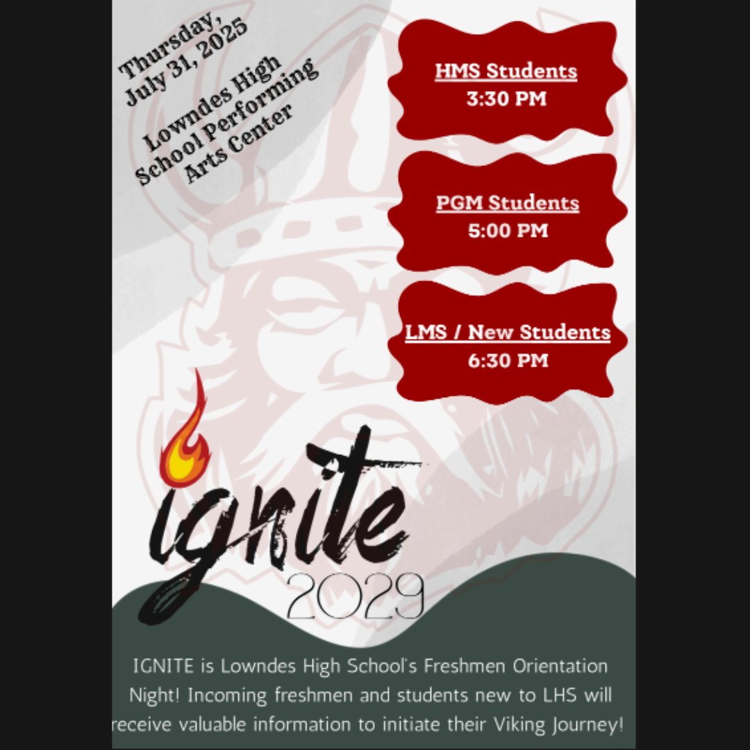 LowndesVikings (@lowndesvikings) on Twitter photo Incoming Freshmen or new to LHS student? Attend Ignite 2029 to receive valuable information to initiate your Viking journey!
<a href="/OneLowndes/">Lowndes County Schls</a> Incoming Freshmen or new to LHS student? Attend Ignite 2029 to receive valuable information to initiate your Viking journey!
<a href="/OneLowndes/">Lowndes County Schls</a>