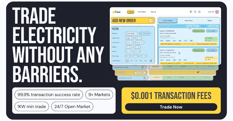 Watt2Trade's tweet photo. Trade electricity without any barriers

9+ Markets, 1KW min trade
24/7 Open Market
99.9% transaction success rate
Zero fees for first 30 days

Trade Now!