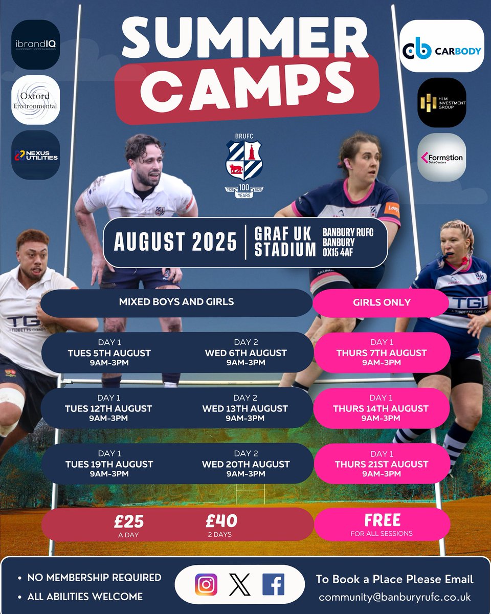 Banbury Rugby Club (@banburyrufc) on Twitter photo 𝗦𝗨𝗠𝗠𝗘𝗥 𝗖𝗔𝗠𝗣𝗦 ☀️
To book your place or if you have any questions email Head of Community Jamie on community@banburyrufc.co.uk
🐂 No Membership Required
🐂 All Abilities Welcome
🐂 Any Age Welcome
banburyrufc.com/news/summer-ca…
#BanburyRUFC #Rugby
#SummerCamp #Summer 𝗦𝗨𝗠𝗠𝗘𝗥 𝗖𝗔𝗠𝗣𝗦 ☀️
To book your place or if you have any questions email Head of Community Jamie on community@banburyrufc.co.uk
🐂 No Membership Required
🐂 All Abilities Welcome
🐂 Any Age Welcome
banburyrufc.com/news/summer-ca…
#BanburyRUFC #Rugby
#SummerCamp #Summer