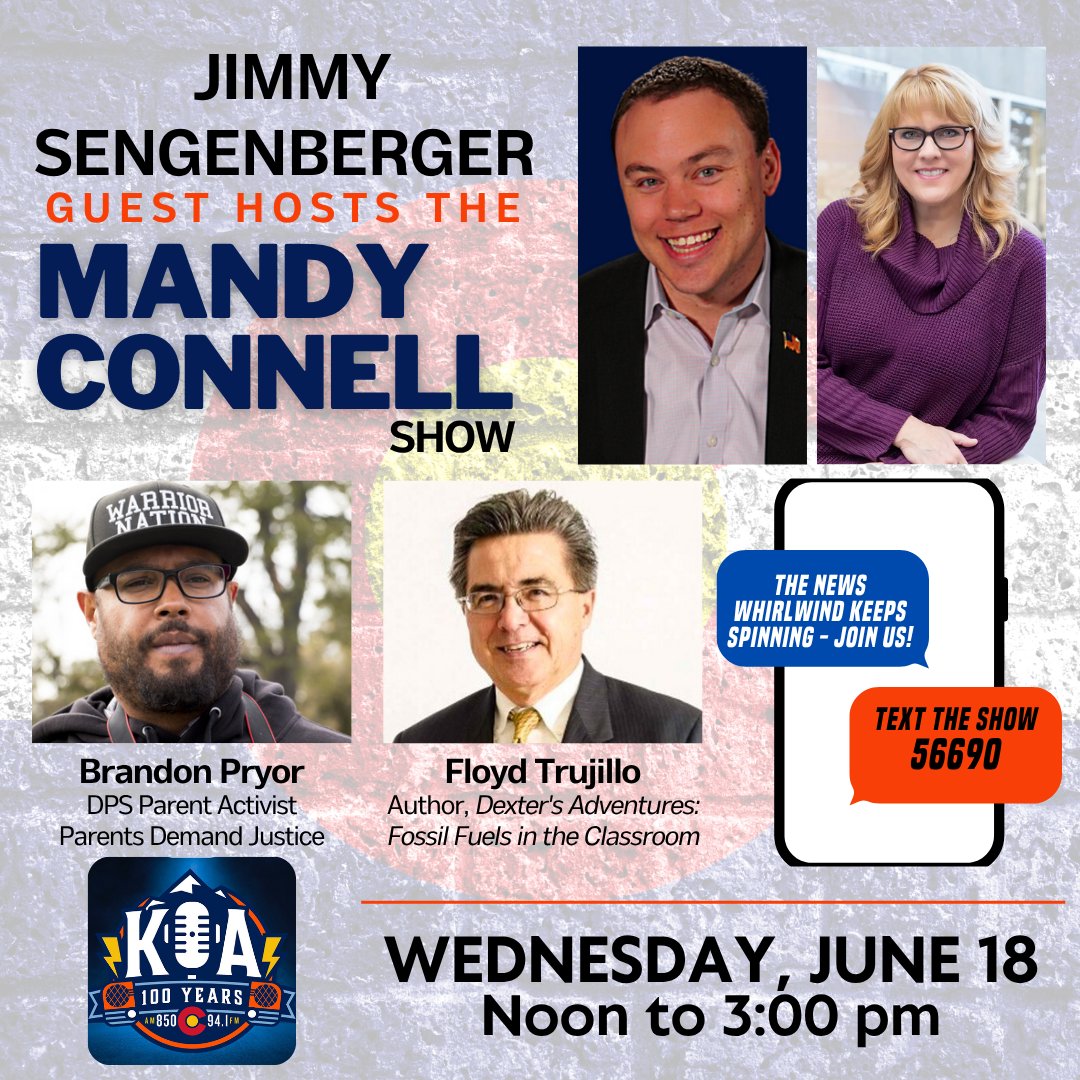 Jimmy Sengenberger (@sengcenter) on Twitter photo One more time for <a href="/MandyConnell/">The Driving In Silence Mandy Connell</a> 12-3p TODAY <a href="/KOAColorado/">KOA 850 AM & 94.1 FM</a>! 🎙️
✔️ Brandon Pryor, <a href="/dps_k12/">Denver Public Schools</a> activist w/ Parents Demand Justice
✔️ Floyd Trujillo, fossil fuels children's book author
✔️ The latest on the war in the Middle East & more!
Join us LIVE⤵️
📻 KOAColorado.iheart.com | 850 One more time for <a href="/MandyConnell/">The Driving In Silence Mandy Connell</a> 12-3p TODAY <a href="/KOAColorado/">KOA 850 AM & 94.1 FM</a>! 🎙️
✔️ Brandon Pryor, <a href="/dps_k12/">Denver Public Schools</a> activist w/ Parents Demand Justice
✔️ Floyd Trujillo, fossil fuels children's book author
✔️ The latest on the war in the Middle East & more!
Join us LIVE⤵️
📻 KOAColorado.iheart.com | 850