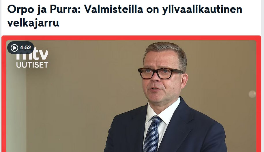 Melkoinen juoni Orpolta, ja samalla ansa persuille. Ensin kyykytetään työntekijät ja heikompiosaiset. Hyville veljille sekä yritysmaailmalle annetaan verohelpotukset. Sitten vielä sidotaan tulevat hallitukset noudattamaan muutoksia, vaan ei persujen mamupolitiikkaa.