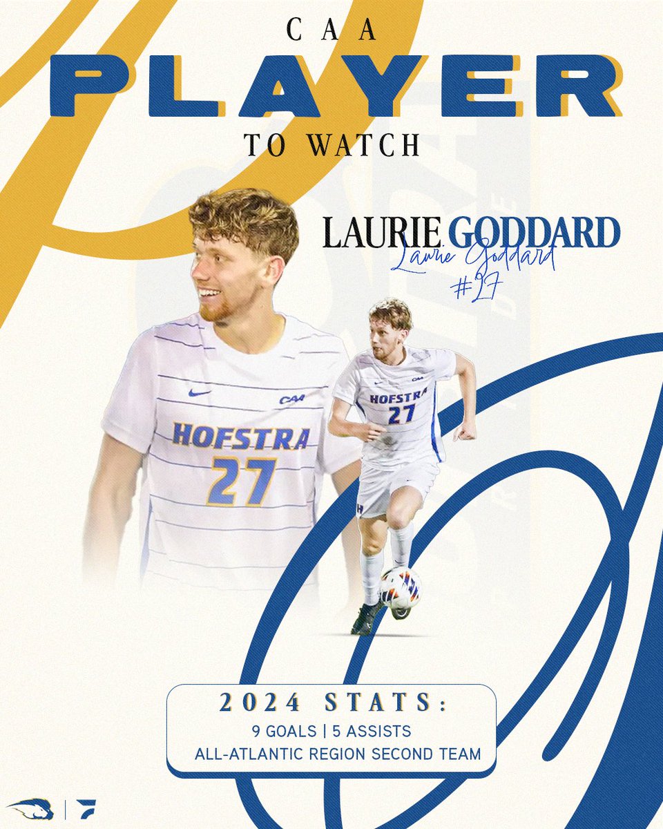 FloFC_'s tweet image. CAA player to watch: Laurie Goddard ⚽️
The Hofstra Pride attacker made his mark in his first year in the CAA! Goddard recorded 9 goals, 3 game winning goals, 5 assists, and made the All-Atlantic Region 2nd Team 👏
#CAAFC | @CAASports | @HofstraMSOC