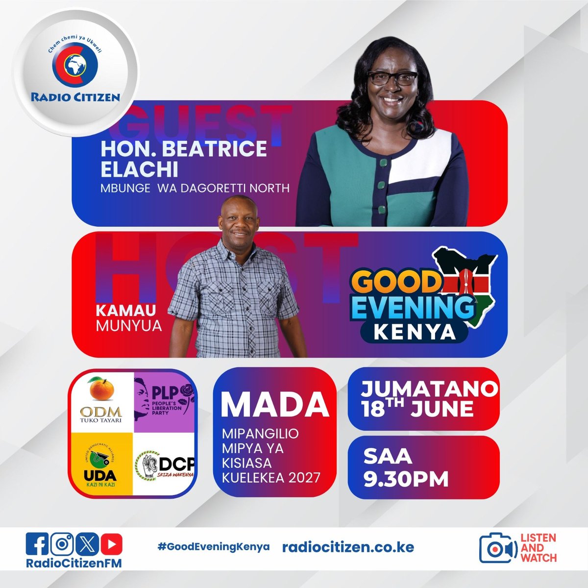 Katika #GoodEveningKenya usiku wa leo tunaangazia Mipangilio mipya ya kisiasa kuelekea 2027. 
Tegea mazungumzo haya na Mbunge wa Dagoretti North, Mheshimiwa Beatrice Elachi kuanzia 9.30pm. 
Je, una swali lolote?

#RadioNumberOne
