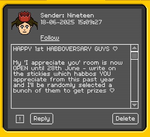 Ooh… what’s this?

I appreciate you room 3.0 is open and the stickies are filling up fast! Names mentioned will be selected randomly to win a rare.

I’d love to hear who YOU appreciate on habbo this past year ♥️