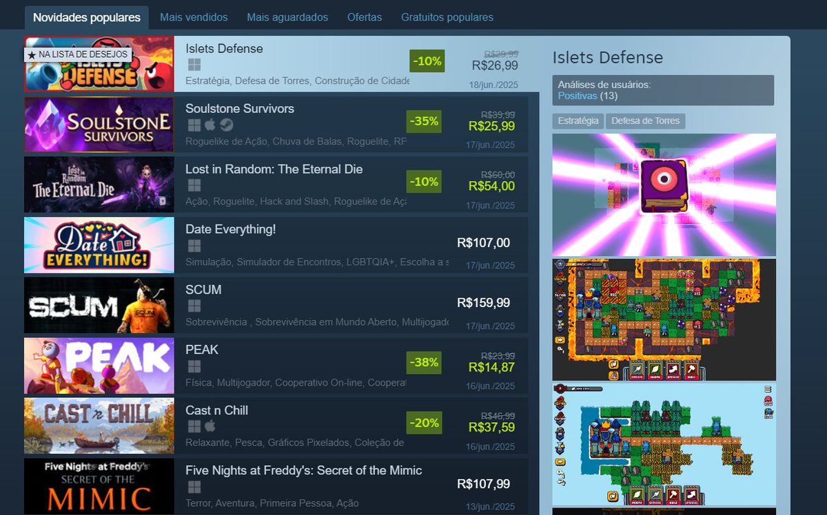 🚨 Islets Defense no TOPO das novidades populares da Steam!

💙 Um jogo indie, feito por devs brasileiros, abrindo caminho no mundo com MUITA estratégia, carisma e gosmas.

Obrigado a todos que estão jogando e apoiando. Vocês fizeram isso acontecer! 🛡️💥