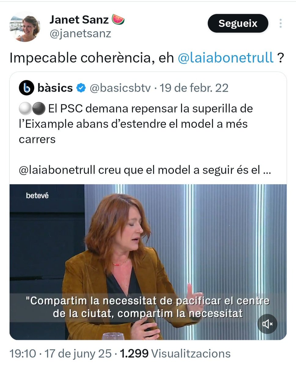 La nostra Janet Sanz que demana coherència al PSOE del 155 amb les Superilles és la mateixa Janet Sanz que es manifesta a 1a fila contra el turisme a Barcelona i que a la mateixa vegada viatja pel món, en avió, unes quantes vegades cada any fent turisme, oi? <a href="/janetsanz/">Janet Sanz 🍉</a> #NOESPOT