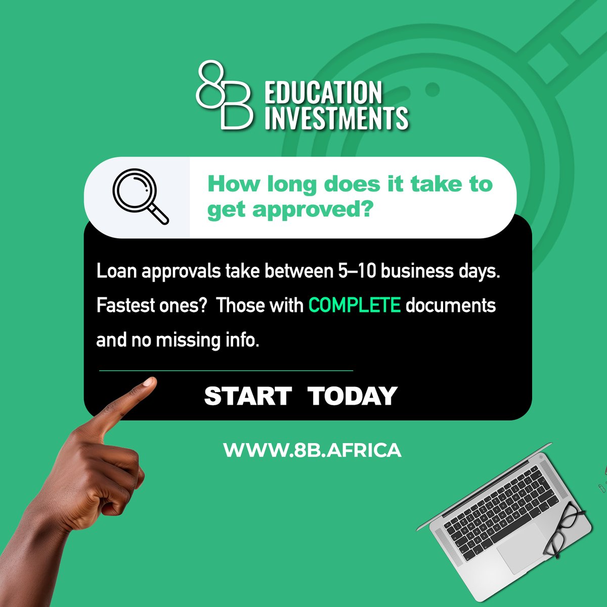 “How long does it take to get approved?” ⏳
We get it — time matters. Most students hear back in just a couple business days once all documents are submitted. 📄✅
👉 8b.africa

#StudyAbroadLoans #8BCommunity #FastApproval