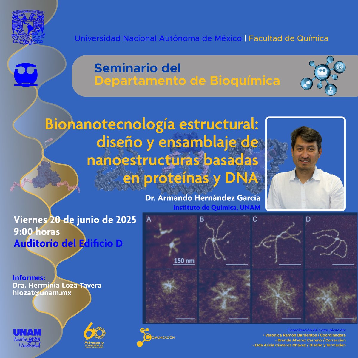 quimica_unam's tweet photo. La Bionanotecnología explora la construcción de estructuras nanométricas mediante biomoléculas programables para su uso en aplicaciones biotecnológicas y biomédicas. 
#SeminariosFQ #SomosFQ https://t.co/bDzueLmTtp