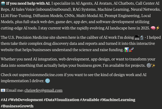 chriswfey's tweet photo. Need help with your medical paper, drug discovery ? I can help #AI #MedTech #HealthTech #InteractiveMedicine #DigitalHealth #BioTech #PharmaInnovation #DrugDiscovery #PrecisionMedicine #MedicalVisualization #BioPharma #ResearchVisualization https://t.co/M8iGiE6IsF https://t.co/pElo739N0M