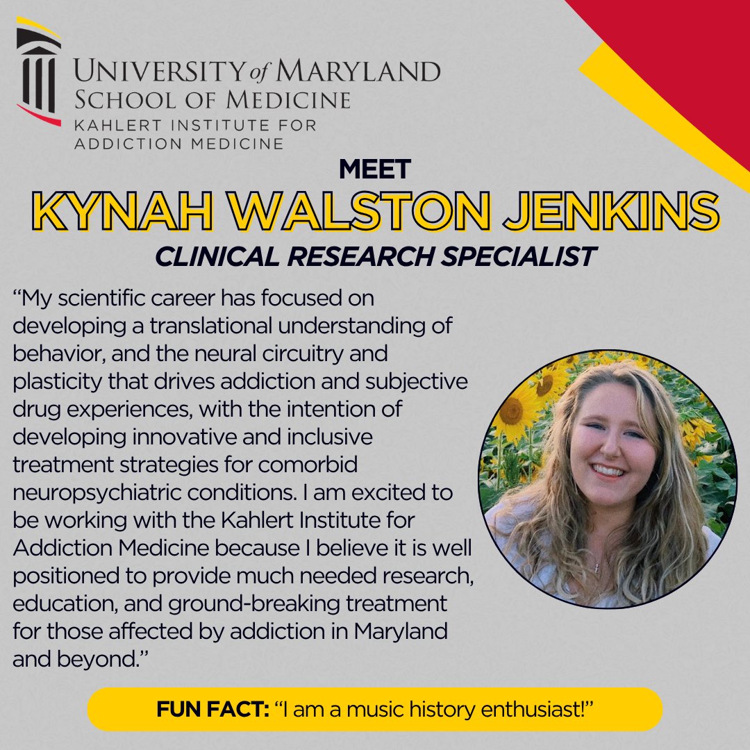 Kahlert Institute for Addiction Medicine (@kahlert_umsom) on Twitter photo Our #MeetTheMinds series is introducing the team at the Kahlert Institute for Addiction Medicine! Kynah Walston Jenkins helps the lab of <a href="/PeteManza/">Pete Manza</a>, PhD, run smoothly by liaising w/ regulatory officials & seeing the #research process through from initial concept to dissemination. Our #MeetTheMinds series is introducing the team at the Kahlert Institute for Addiction Medicine! Kynah Walston Jenkins helps the lab of <a href="/PeteManza/">Pete Manza</a>, PhD, run smoothly by liaising w/ regulatory officials & seeing the #research process through from initial concept to dissemination.