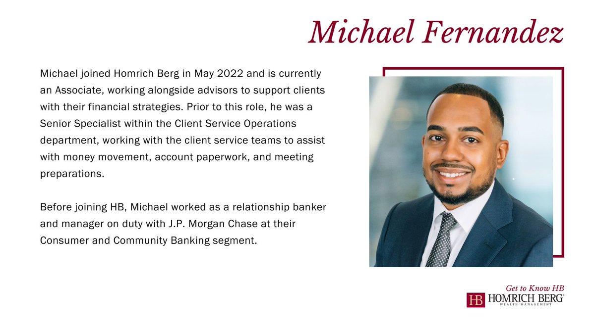 Who We are Wednesday - Michael Fernandez

Click the link to read Michael's full bio: bit.ly/3zx4pRV

#homrichberg #fiduciary #feeonly #financialadvisor #financialplanning #ria #financialadvisors #financialplanners #wealthmanagement
#wealthmanagementservices
