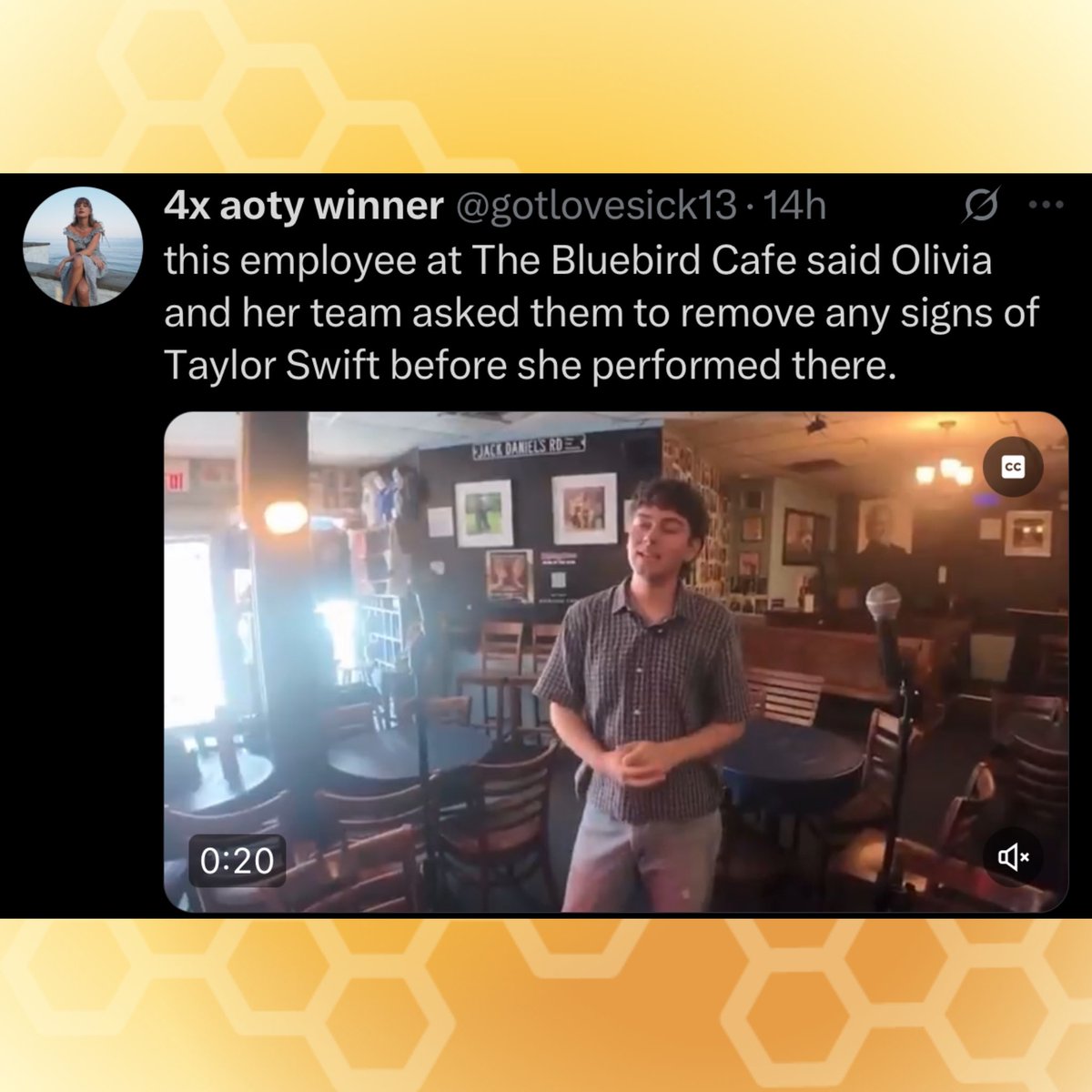 Bluebird Cafe General Manager shuts down claims that Olivia Rodrigo and her team requested the removal of Taylor Swift’s photos during her performance:

“We removed an image of Taylor Swift that was in a position where the filming was taking place. We are required, legally