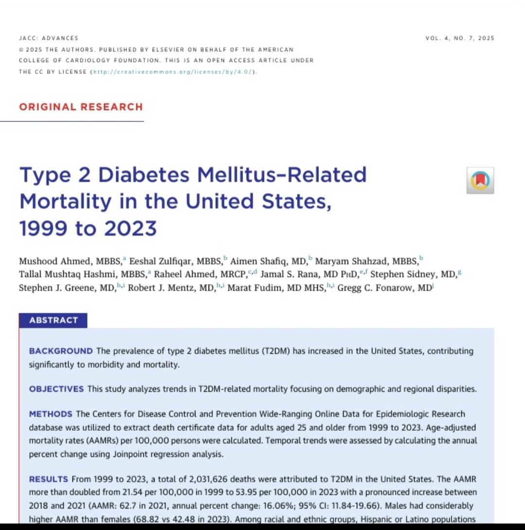 MushoodCh's tweet image. Our new publication in @JACCJournals!
📈 2M+ deaths from #T2DM in US (1999-2023)
🚨 Spike during COVID
❤️ 626K+ CVD-linked deaths
🔗 Full study: sciencedirect.com/science/articl…
@JamalRanaMD @SJGreene_md @FudimMarat @robmentz @gcfmd