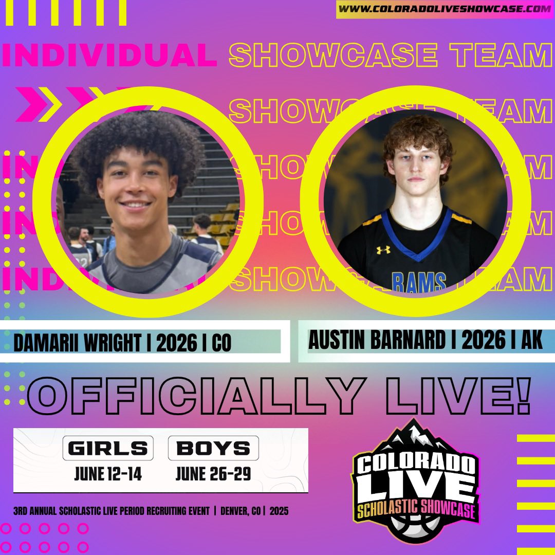🚨OFFICIALLY LIVE‼️🏀🏔️ 

Welcome to Colorado Live Boys Individual Showcase Team!

Damarii Wright ( CO) I <a href="/DamariiW01/">Damarii Wright</a> 🔥
Austin Barnard ( AK) I @austincbarnard 🔥
will be competing on Rocky Mountains Big Stage!

“Where Future ⭐️’s Make Their Name” 

📍 Denver, CO
📆 June 26-29