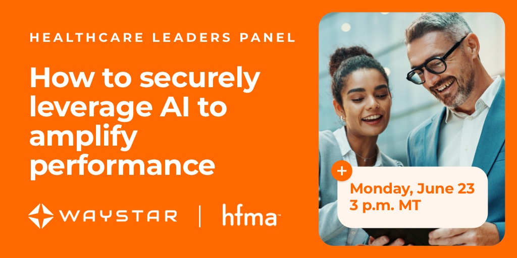 Waystar's tweet image. If you’ll be at #HFMAAnnual, join healthcare industry experts for an engaging leadership panel on Monday, June 23, at 3 p.m. MT covering ways to securely leverage AI to amplify performance across the #RevenueCycle. Get the details: ow.ly/AvOJ50WbNYX
