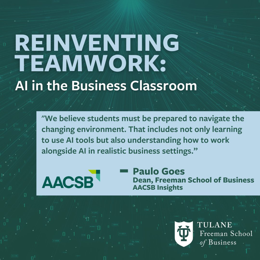 FreemanSchool's tweet image. Dean Paulo Goes has been featured in @AACSB Insights, highlighting Freeman’s innovative approach to AI education!
Dean Goes explains how our students collaborate with AI teammates through @boodleboxai, preparing them for the future of business. bit.ly/3FGrJnu