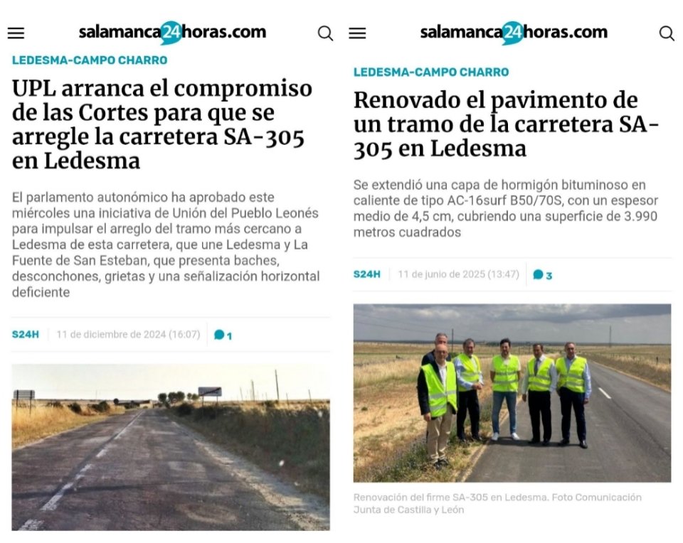 🛣 Hace unos días se inauguraba el arreglo del tramo de la carretera SA-305 que se encontraba en mal estado en #Ledesma (#Salamanca).

✅ Este arreglo ha sido realizado gracias a una iniciativa de UPL aprobada en las Cortes.

💪 UPL trabaja para mejorar la Región Leonesa. 🦁