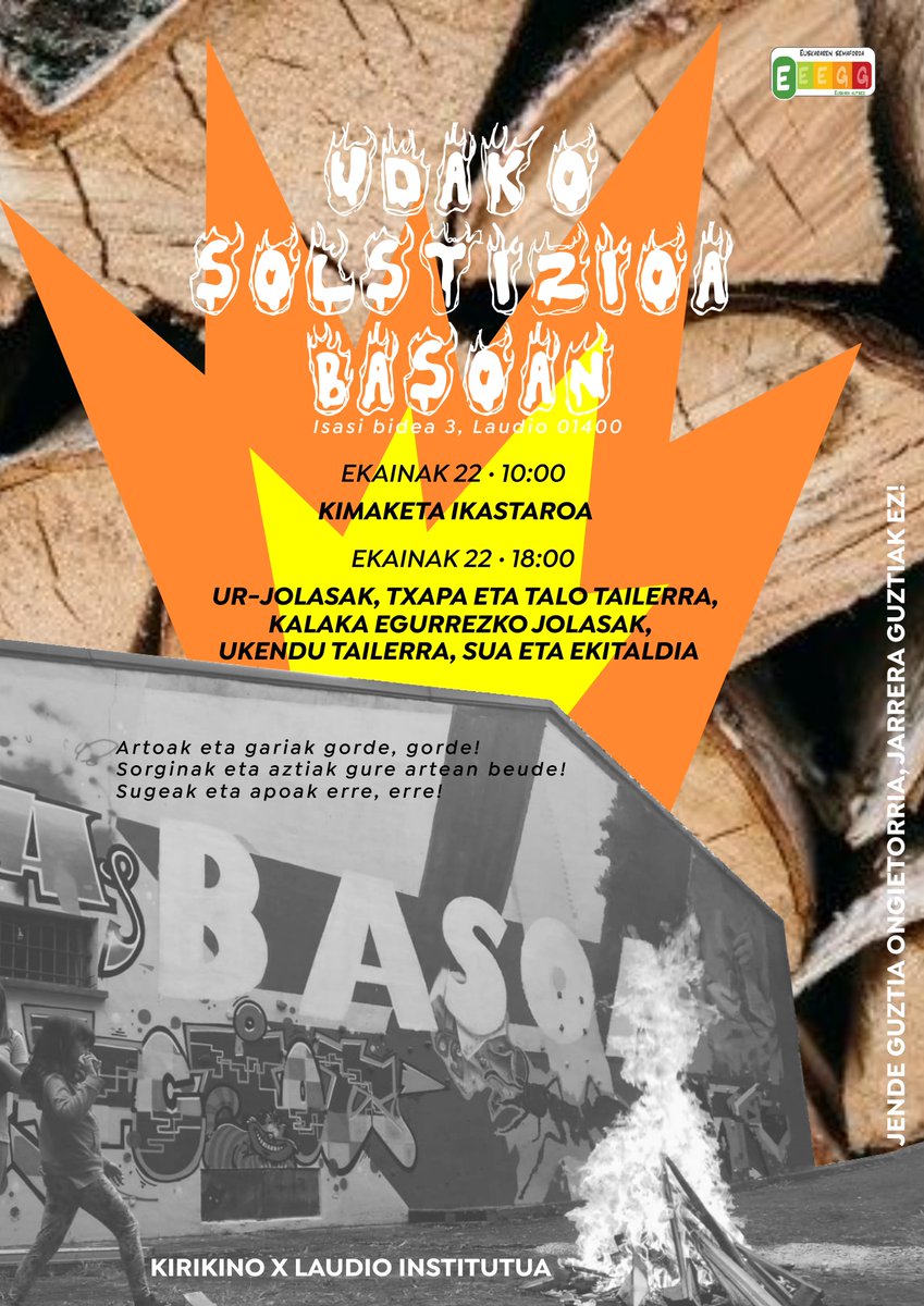 🔥 UDAKO SOLSTIZIOA 🐍

🗓️ Ekainak 22, Basoan 🌳 

10:00🪵🪚 Kimaketa tailerra

18:00 💦🫓🧴🔥 Ur-jolasak, txapa, talo eta ukendu tailerra, Kalaka egurrezko jolasak, sua eta ekitaldia

Animatu gurekin udari ongietorria egiten!