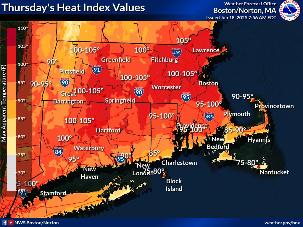 🥵The National Weather Service has issued a heat advisory for parts of CT, RI, and most of MA Thursday, June 19th. 🌩️There is also risk for severe thunderstorms, which may pose hazardous conditions for travelers.

Learn more at loom.ly/FpfK1mM #capecodgov #weatherready