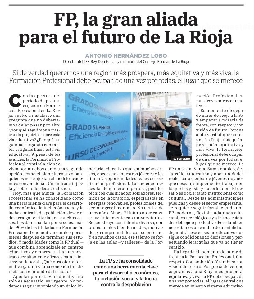 Antonio Hdez. Lobo (@antoniohlobo) on Twitter photo 🖋️ Muy buenas, con el arranque de las preinscripciones en Formación Profesional, comparto con vosotros el artículo de opinión que firmo hoy 18 de junio en ‘La Rioja’ <a href="/lariojacom/">lariojacom</a>
#FP
#FPLaRioja
#TodoFP
#FormaciónProfesional
#LaRioja 🖋️ Muy buenas, con el arranque de las preinscripciones en Formación Profesional, comparto con vosotros el artículo de opinión que firmo hoy 18 de junio en ‘La Rioja’ <a href="/lariojacom/">lariojacom</a>
#FP
#FPLaRioja
#TodoFP
#FormaciónProfesional
#LaRioja