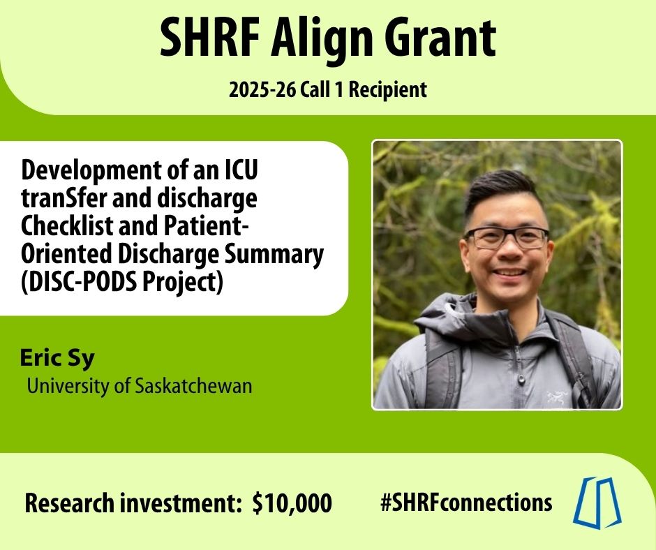 We proudly announce Eric Sy at @usaskmed as one of our Connections Align Grant recipients! 

Visit our website to learn more: shrf.ca/post/2025-26-a…

@SCPOR @saskhealth