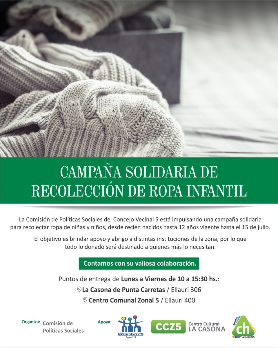 Hasta el 15 de julio podés acercar ropa de abrigo para niñas y niños, desde recién nacidos hasta 12 años, y colaborar con quienes más lo necesitan.
🕐 Lunes a viernes de 10:00 a 15:30 h
📍 La Casona de Punta Carretas – Ellauri 306
📍 Centro Comunal Zonal 5 – Ellauri 400

#SomosCH