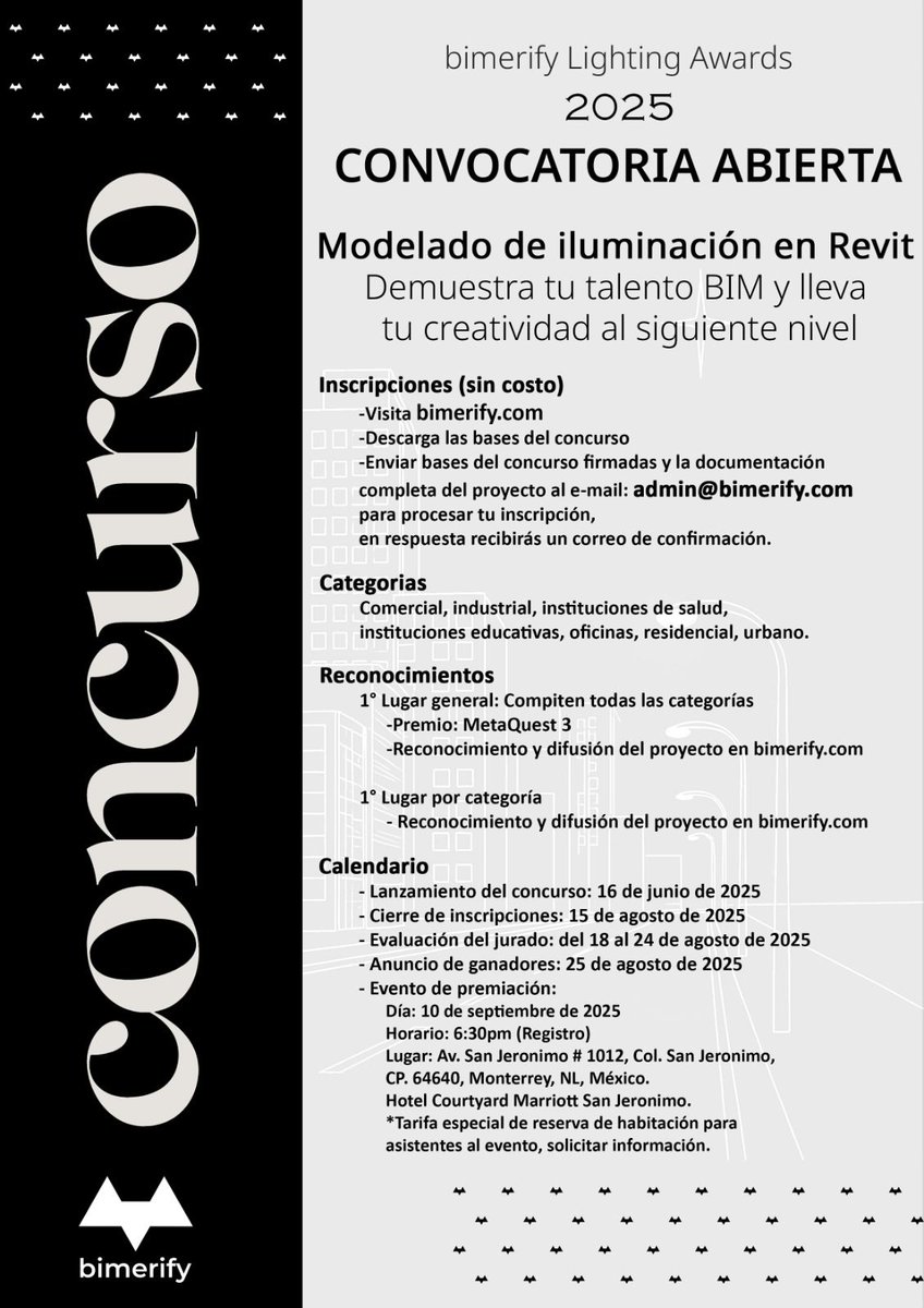 🎯 ¡Demuestra tu talento BIM!
Participa en los bimerify Lighting Awards 2025 🏆
Modelado de iluminación en Revit | Premio: MetaQuest 3
🔗 Más info: bimerify.com/news
#BIM #Revit #ConcursoBIM