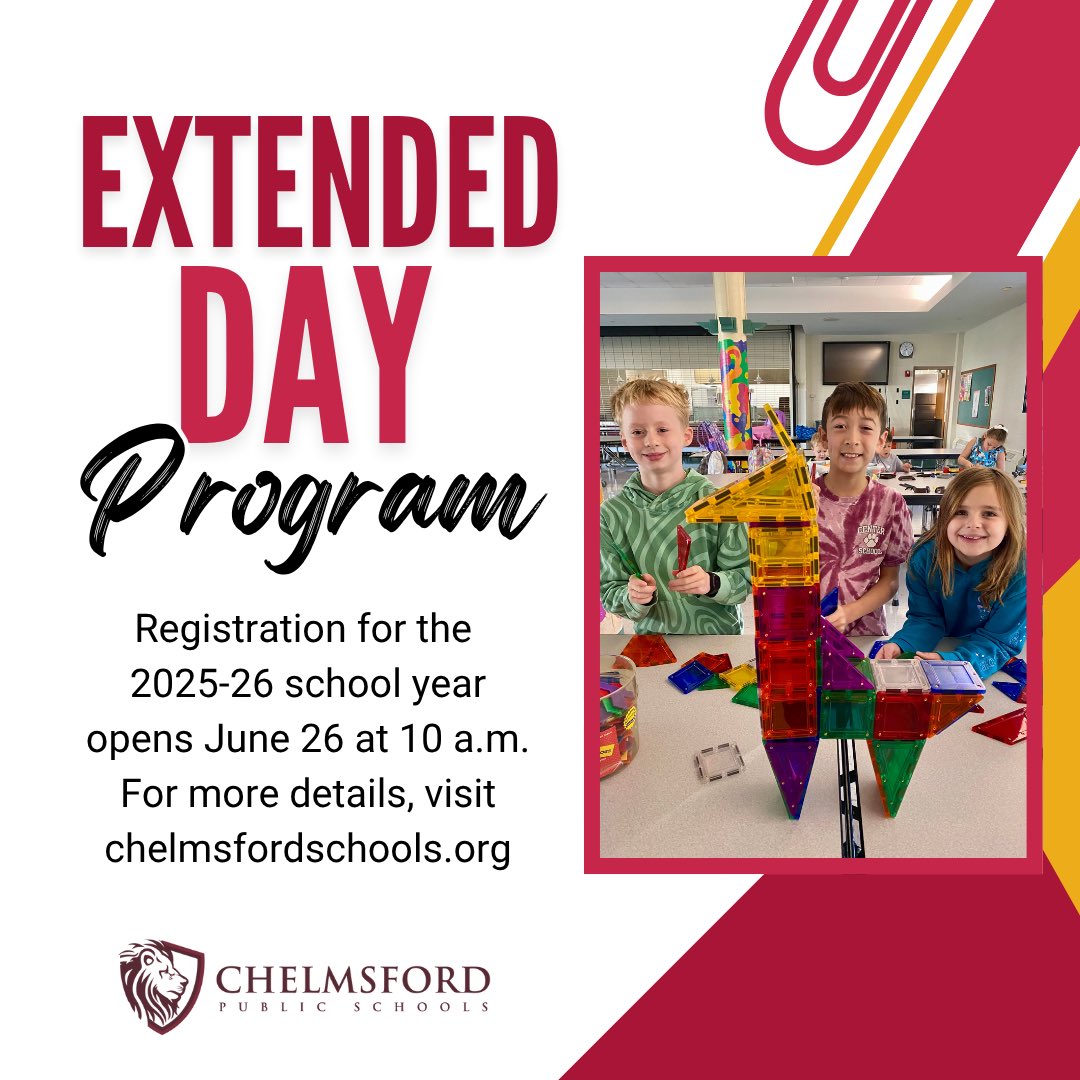 To learn more about the Extended Day Program and the registration process, head on over to the district website: chelmsfordschools.org/action_items/e…