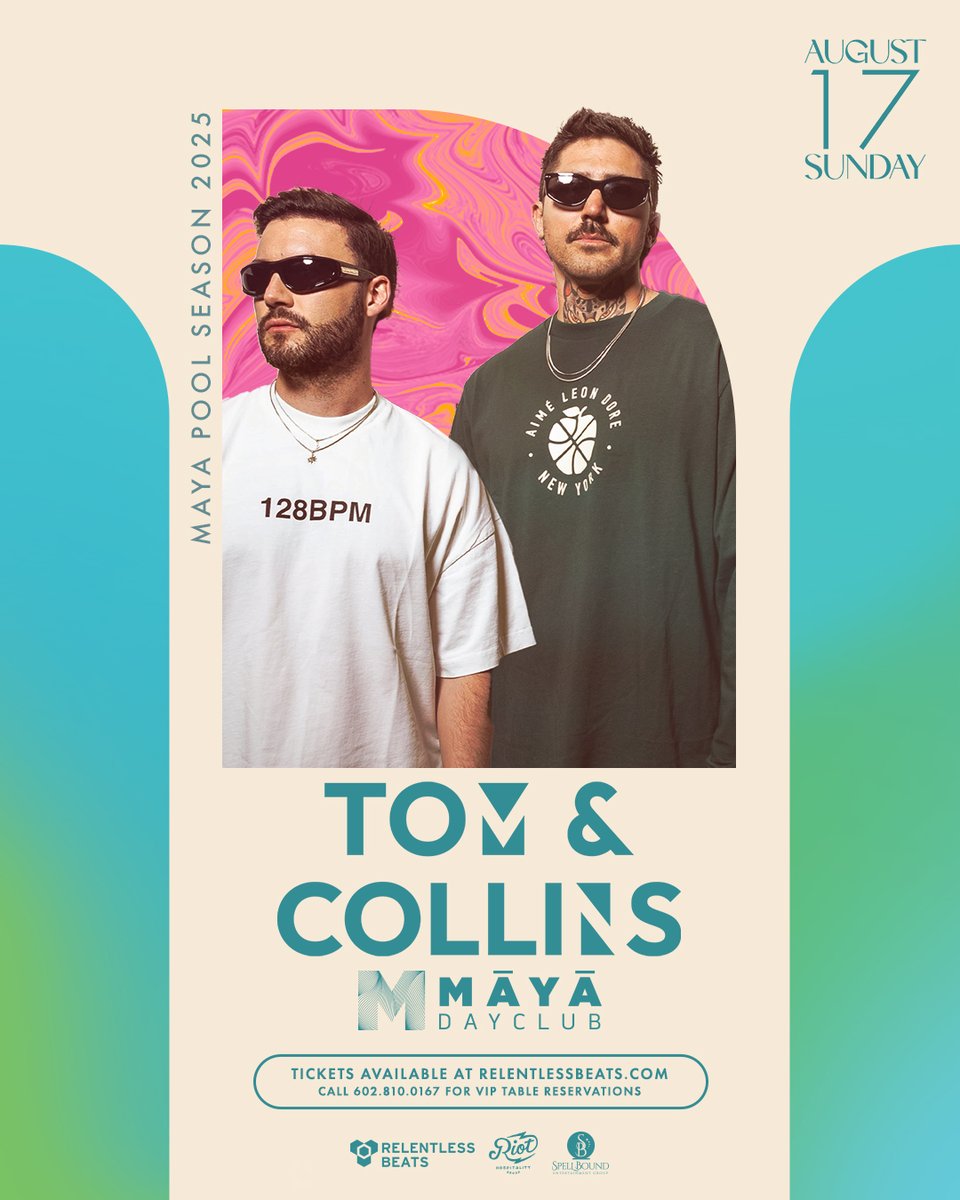 #JustAnnounced: @tomandcollins are bringing Latin house heat to Maya Day Club on August 17 🔥💧 Poolside rhythms, summer sun, and vibes on full blast—this one’s built for the deep end.

Tickets on sale now → tixr.com/e/148020
#TomAndCollins #MayaDayClub #RelentlessBeats
