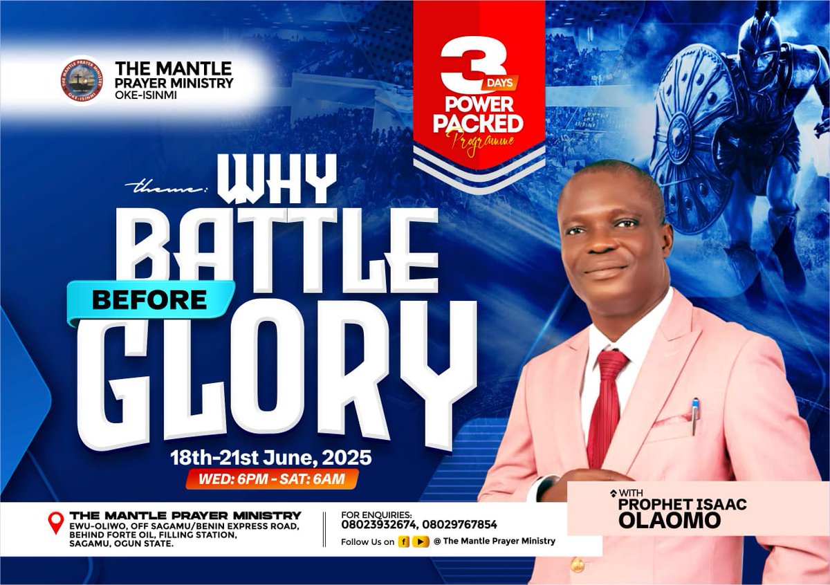 Themantle2012's tweet image. If this has always being your question; 
WHY BATTLE BEFORE GLORY?
 Trust me, you don&apos;t want to miss this program cause your answer is here.
 Join us on Facebook and YouTube @Themantleprayerministry
  #3daysprogram #whybattlebeforeglory
#TMPM