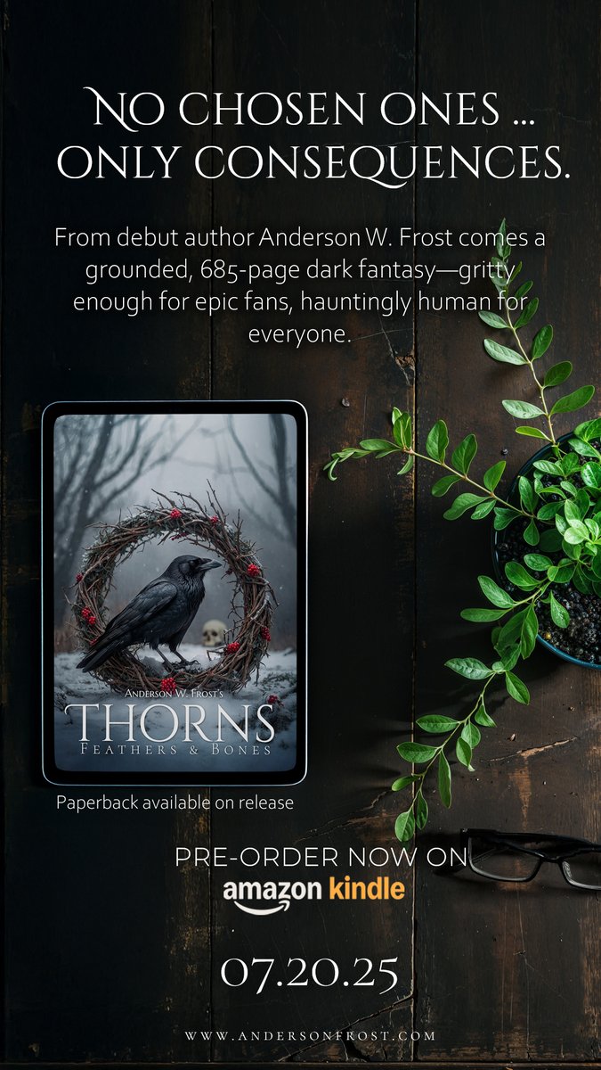 AndersonWFrost's tweet image. ✨ Gods, love, and the cost of power— Thorns, Feathers & Bones is a dark fantasy that goes beyond the surface. If you’re looking for a gripping, emotional journey where choices have consequences, this is your next read.
🌿 No chosen ones. No fated mates. Just raw, unyielding…