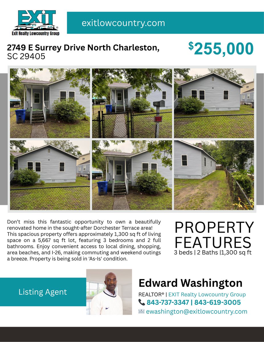 EXIT Realty Lowcountry Group (@exit_lowcountry) on Twitter photo 🚨 NEW LISTING ALERT‼️
📍 2749 E Surrey Drive, North Charleston, SC 29405
💰 Just Listed at $255,000
🛏 3 Bedrooms | 🛁 2 Bathrooms | 📐 1,300 Sq Ft
📞 Edward Washington
REALTOR®
📲 843-737-3347 | 843-619-3005
📧 ewashington@exitlowcountry.com
🌐 exitlowcountry.com 🚨 NEW LISTING ALERT‼️
📍 2749 E Surrey Drive, North Charleston, SC 29405
💰 Just Listed at $255,000
🛏 3 Bedrooms | 🛁 2 Bathrooms | 📐 1,300 Sq Ft
📞 Edward Washington
REALTOR®
📲 843-737-3347 | 843-619-3005
📧 ewashington@exitlowcountry.com
🌐 exitlowcountry.com
